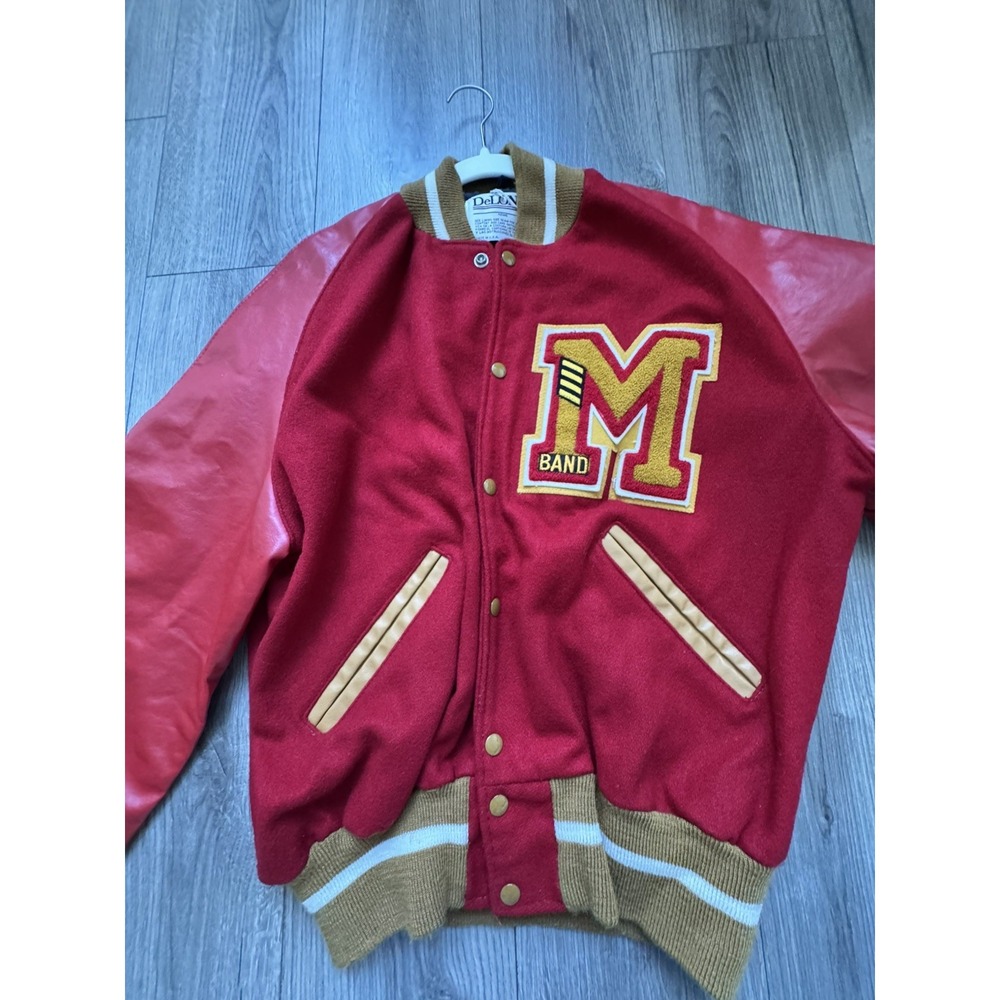 Vintage 1980s DeLONG Varsity Letterman Jacket Maroon Wool Leather Sleeves Men's